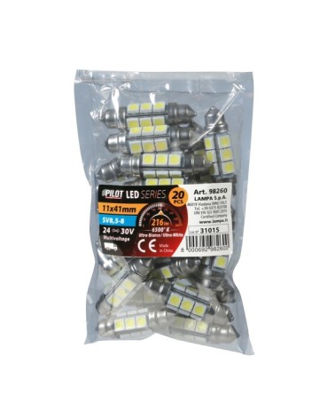 24 30V Hyper-Led 36 - 12 SMD x 3 chips - 11x41 mm - SV8,5-8 - 20 pz  - Sacchetto - Bianco - Doppia polarità