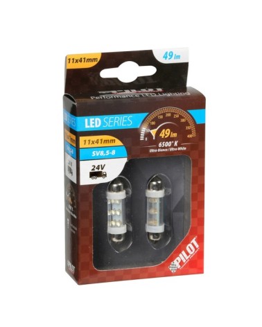 24V Lampada siluro 6 Led - 11x41 mm - SV8,5-8 - 2 pz  - Scatola - Bianco