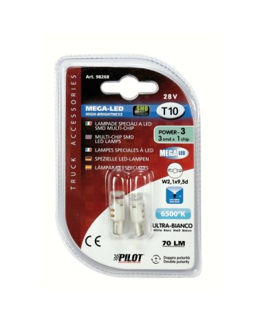 24 28V Mega-Led 3 - 3 SMD x 1 chip - dal T10 - W2,1x9,5d - 2 pz  - D Blister - Bianco - Doppia polarità