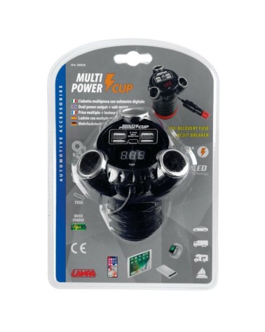 Multi-Power Cup, 3 prese accendisigari + 4 USB e voltmetro, 12 24 36V