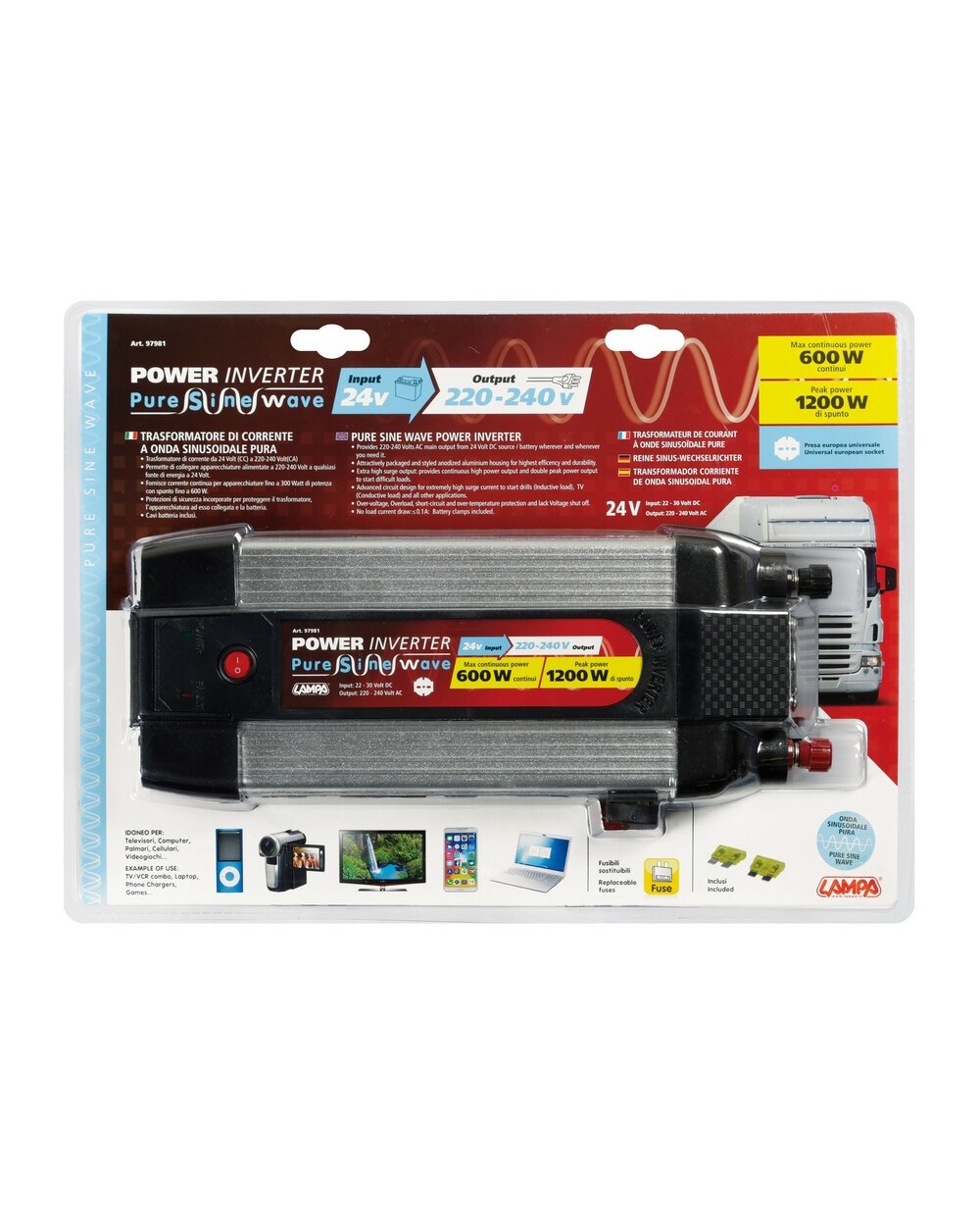 Power Inverter PSW600, trasformatore a onda sinusoidale pura 12V > 230V