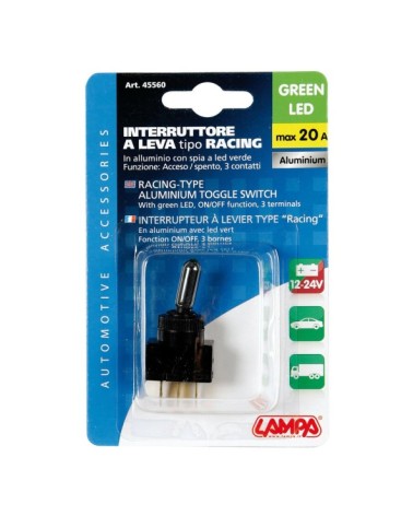 Interruttore a leva tipo Racing, in alluminio con spia a Led -  12 24V - Verde -   20A