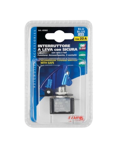 Interruttore a leva con sicura, in alluminio con spia a Led -  12 24V - Blu -   20A