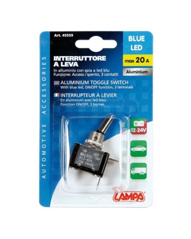 Interruttore a leva, in alluminio con spia a Led -  12 24V - Blu -   20A