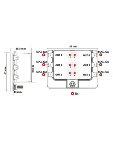 Fuse Block, scatola portafusibili, 1 entrata - 6 uscite, 12 24V