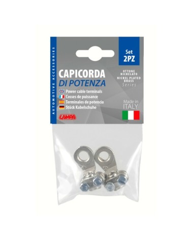 Set 2 pz capicorda di potenza in ottone nichelato, con fissaggio cavo a piastrina - Sezione 16 mm², foro 8 mm