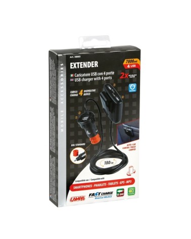 Caricabatteria 4 porte Usb con prolunga - Fast Charge - 7800 mA - 12 24V